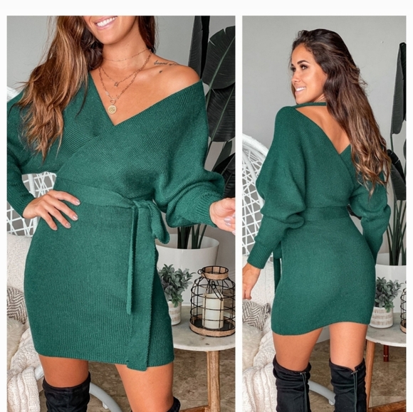 Gianni Bini Knit Sweater Mini Dress Green Alston Surplice Long Sleeve XS - Picture 2 of 9